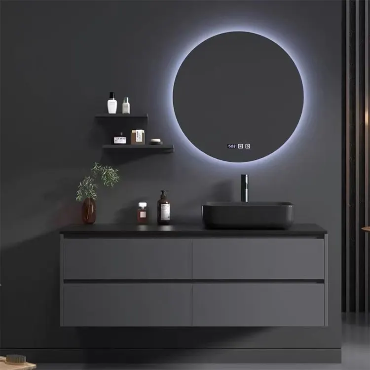 Lavabo gabinete de madera negro moderno montado espejo gris conjunto nórdico Hotel inodoro vanidad baño fregadero gabinete