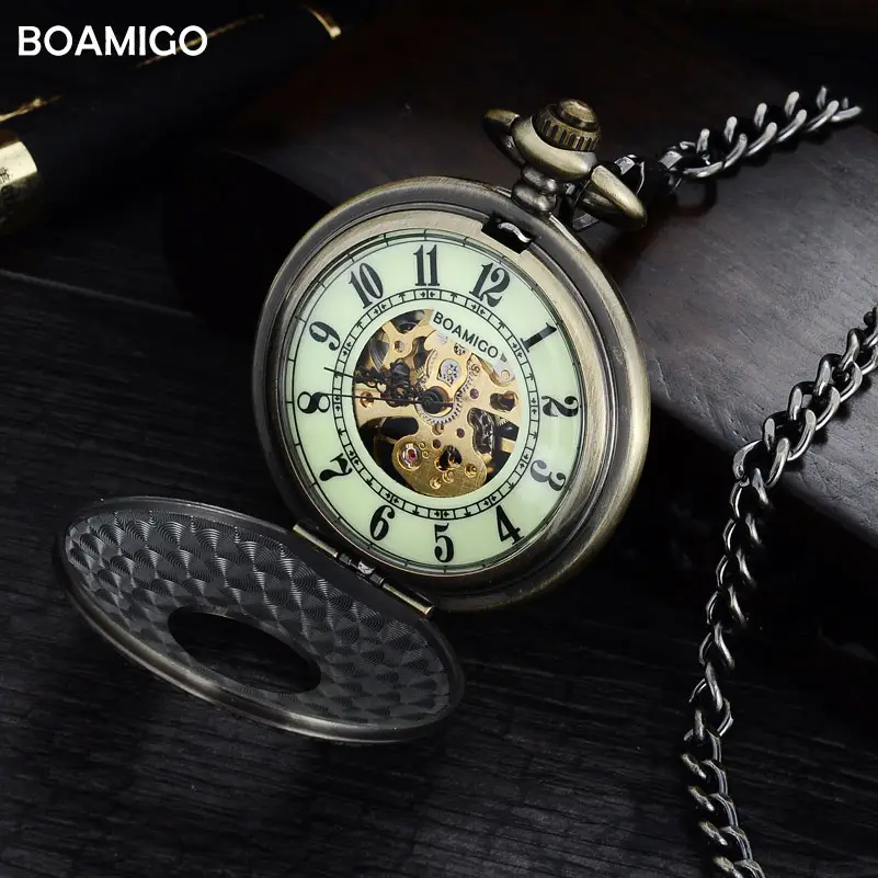 पुरुष पॉकेट घड़ियाँ प्राचीन मैकेनिकल घड़ियाँ BOAMIGO कंकाल रोमन संख्या घड़ियों तांबा डिजाइन उपहार घड़ी reloj hombrees