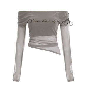 เสื้อยืดผู้หญิงแบบสลิมฟิต ผ้าตาข่ายพิมพ์ลาย คอปาด แต่งเชือกผูก ขายส่ง ปี 2026 สินค้าขายดี - Product Image 6