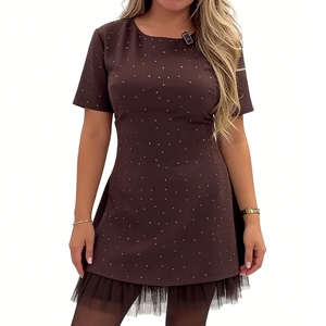 Robe courte en tulle à volants ornée de strass pour femmes, robe de soirée à manches courtes, robe décontractée tendance - Product Image 4