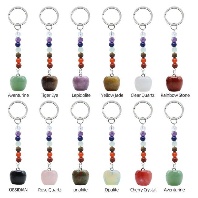 7 Chakra Apple-Shape Gemstone Keychain Hand Carved Crystal Quartz Key Ring with Healing Stone Bag Pendant Christmas Gifts
