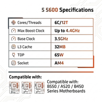 Procesador de CPU para Escritorio R5 5600, 6 Núcleos, 12 Subprocesos, 3.5GHz, 65W, Versión en Bandeja para Ensamblaje de PC