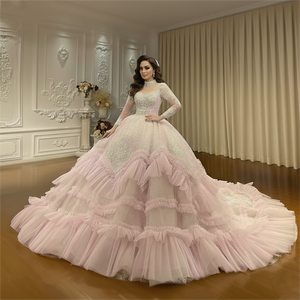 Robe de mariée rose pâle avec appliques en dentelle et volants, robe de bal, robes de mariée Xs212 - Product Image 1