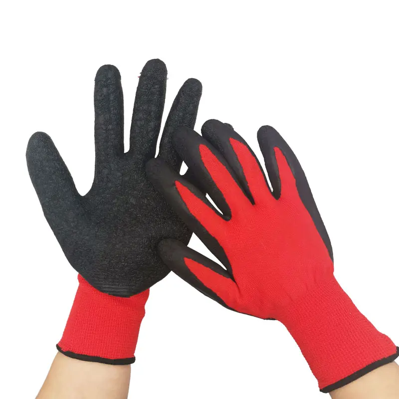 Karet pegangan pelindung Logo cetak celup 13G sarung tangan konstruksi rajutan nilon poliester merah dengan lapisan kerut lateks hitam