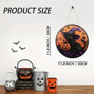Letrero Redondo <span class=keywords><strong>de</strong></span> Madera con Diseño <span class=keywords><strong>de</strong></span> Gato Negro y Calabaza para Halloween, Decoración <span class=keywords><strong>de</strong></span> Pared con Sombrero <span class=keywords><strong>de</strong></span> Bruja y Murciélago, Adorno Colgante para Puerta en Morado y Naranja, Decoración para Fiesta <span class=keywords><strong>de</strong></span> Halloween - Product Image 6