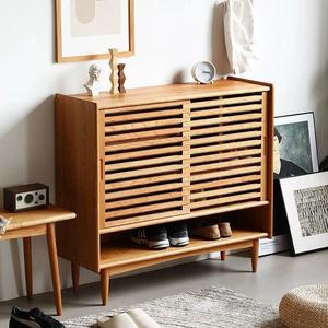 Nordic Solid Wood Shoe Cabinet Cherry Wood <b>Sliding</b> Door Multi Layer Entryway <b>Large</b> Capacity Storage Living Room Cabinet - Product Image 2