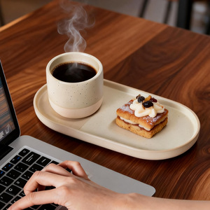 Conjunto de Bandeja Oval Longa e Xícara de Café em Cerâmica - Design Moderno Minimalista em Cor Sólida para Chá da Tarde e Sobremesas; Testado FCM para Comércio Transfronteiriço - Product Image 3