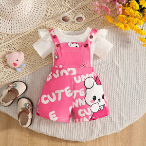 <span class=keywords><strong>Ensemble</strong></span> <span class=keywords><strong>short</strong></span> à bretelles et t-shirt côtelé uni imprimé motif dessin animé coréen pour bébé fille, style décontracté et mignon, idéal pour l'été – Vente directe usine, faible MOQ, plusieurs couleurs - Product Image 1