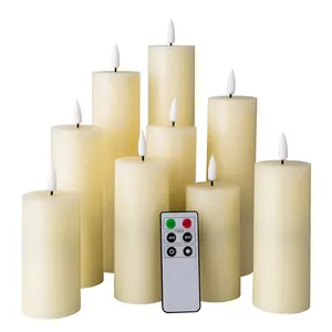 Matti's 3D flame smooth D5 pillar set of 9 ivory paraffin wax timer remote battery operated holiday led candle flameless