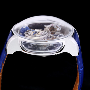Montre mécanique pour homme style Astronomia Tourbillon avec cadran ciel étoilé, boîtier argenté, globe terrestre rotatif, bracelet en crocodile bleu - Product Image 3