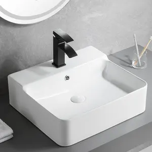 Articles sanitaires de luxe blanc carré moderne, cuvette de Lavabo en céramique au-dessus du comptoir, Lavabo de salle de bains