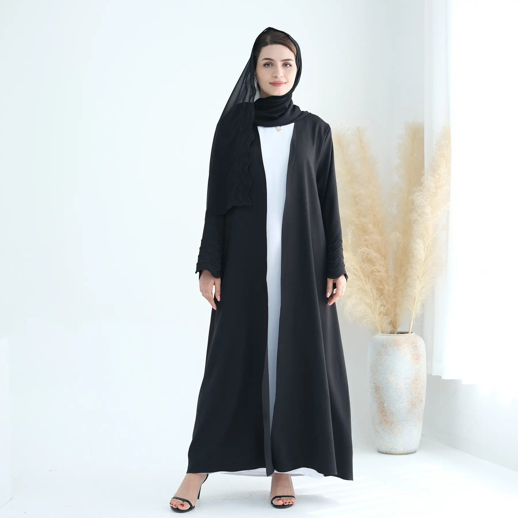 Yeni siyah islam bayanlar bez düğün açık Abayas seti düz renk uzun kollu siyah açık Abaya Dubai nakış tasarımları ile