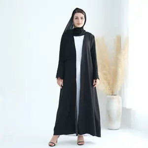 New Black Islamic Ladies Cloth Wedding Open Abayas Set Solid Color Long Sleeve Black Open Abaya Dubai With Embroidery Designs