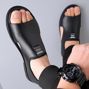 Sandalias de cuero para hombre, transpirables, con punta abierta, fáciles de poner, zapatos planos, calzado informal para uso diario al aire libre - Product Image 3