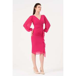 Robe trapèze décontractée unie fuchsia pour femme DANS, design confortable à manches courtes et col rond pour un usage quotidien, disponible - Product Image 2