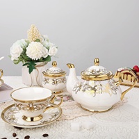 Service à thé vintage en céramique et porcelaine, 21 pièces, pour 6 personnes, avec sucrier, crémier, tasses et soucoupes, bordure dorée, écologique, personnalisable pour les fêtes