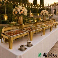 Juego de Recipientes para Buffet Rectangulares Dorados de 9L con Tapa Enrollable, Recipientes de Lujo para Servir Comida en Banquetes, Bodas y Resorts