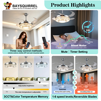 Ventilateur de plafond en acrylique cristal de 42 pouces avec lumière, 6 CCT, moteur DC haute vitesse, application intelligente, télécommande pour salle à manger, bureau, OEM ODM
