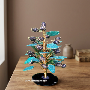 Árbol de Olivo Tallado a Mano con Doble Chip de Ágata Negra Natural y Aventurina Verde, con Alambre Dorado, Artesanía de Piedras Preciosas de 8-9 Pulgadas, Metafísico - Product Image 1