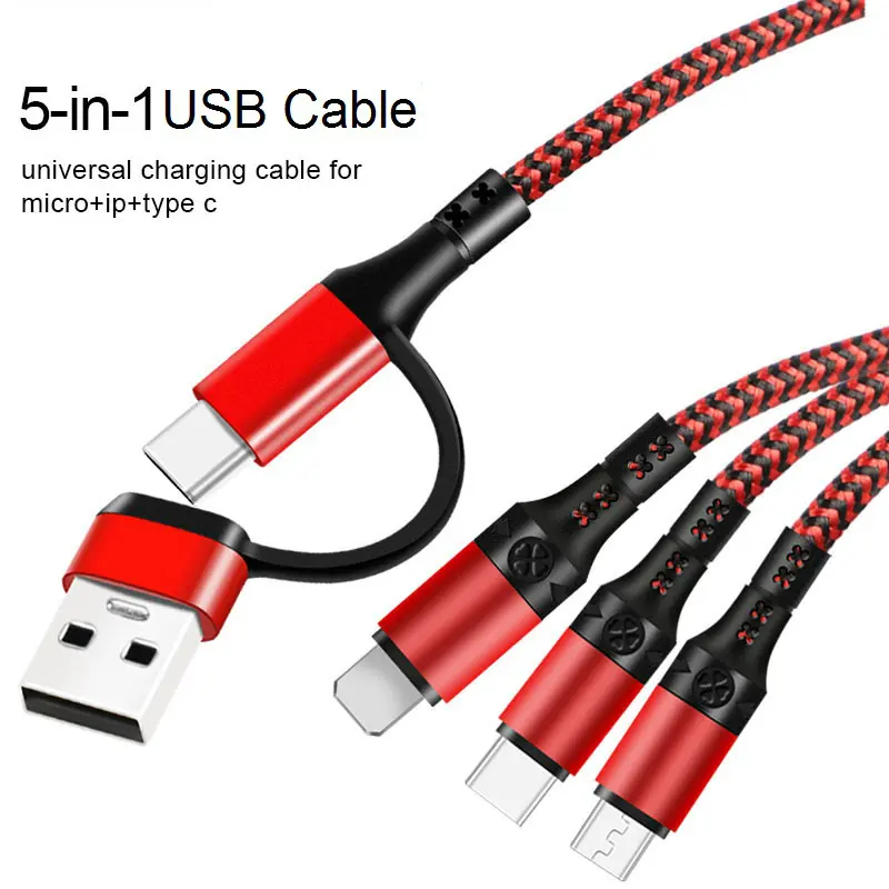 New Arrival Nylon braid 1.2M 5 in 1 Type C to USB 3A universal charging USB Cable for iPhone Samsung Huawei Xiaomi
