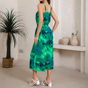 จั๊มสูทผู้หญิงลายกรีนสีเขียวสไตล์วันหยุด สายเดี่ยว กางเกงขากว้าง ขาสั้น สวมใส่สบายๆ ชายหาด ลำลอง เอวยางยืด - Product Image 2