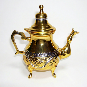 Two Tone Brass And Silver Color Teapot Ornate Scroll Engraving Traditional Moroccan <b>Tea</b> Server Footed Home Kitchen Decor - Product Image 1