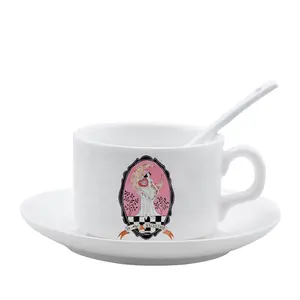 Wholesale blank sublimation coffee spoon mug ceramic soup mug with plate and spoon set