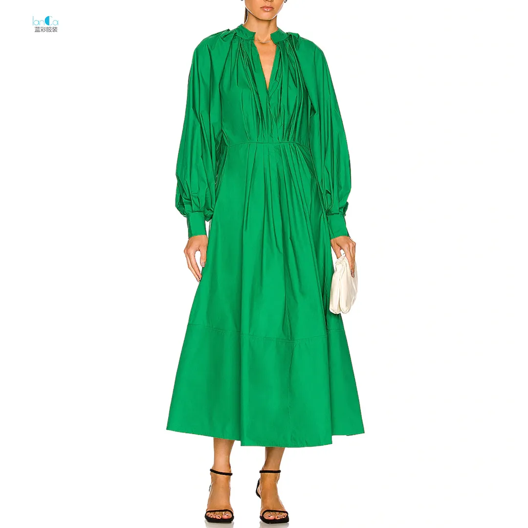 Lancai Custom 2022 Solid Fashion Long Sleeve V Neck Casual High Quality Cotton Elegant Clothing Long Dresses Women