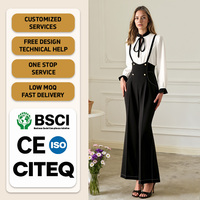 Ensemble assorti 2 pièces élégant pour femme : Blouse à nouer au cou et pantalon évasé à bretelles 100 % polyester – Tenue de bureau raffinée