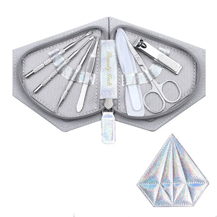Produsen Kreatif Fashion Diamond Nail Clipper Set 7 Buah Portabel Manikur Pisau Kecantikan Alat Perak Tas Kulit