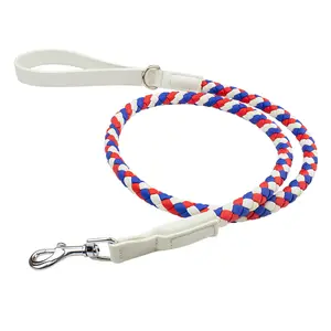 Adjustable Woven Round Rope Leather PU Walking Training Running Dog Collar Leash Set Pet Supplies