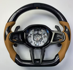 Volante de Fibra de Carbono Personalizado para BMW Serie M, con Palanca de Cambios de Cuero Perforado Color Bronceado, Volante Deportivo M Personalizado - Product Image 1