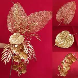 A-1146 דקל זהב עלה פרח זר מזויף זהב סנה צמח דשא ירק מסיבת חתונה דקור מלאכותי צמחי זהב עלים