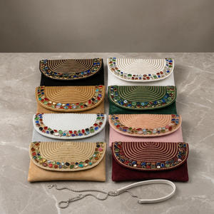 Elegant Suede <b>Clutch</b> With Crystal Rhinestone Embellishment Geometric Pattern Evening <b>Bag</b> suitable <b>for</b> evening and occasion wear - Product Image 2