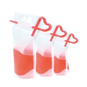 transparent clear PET frosted 2holes handle stand up up Milk tea juice liquid drink pouches with straw plastic bag for drinking