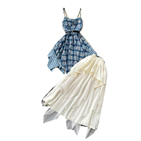 Robe camisole à carreaux style vacances d'été à la française avec jupe en maille irrégulière superposée, ensemble 2 pièces pour femmes