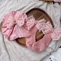Ensemble bébé fille : Chapeau d'été et chaussettes mi-mollet rose avec nœud de fée fleur de perle, style princesse japonaise
