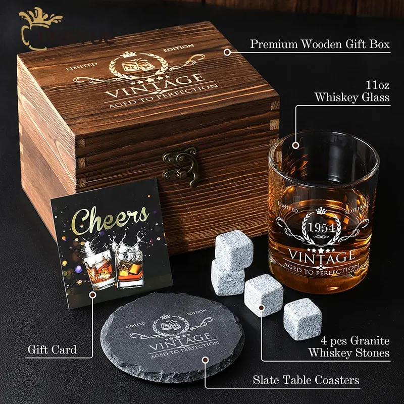 Scotch Wholesale Customized Logo Engraved 4 Marble Whisky Chilling Stones And Scotch Glass In Wooden Box Gift Set For Birthday Bar
