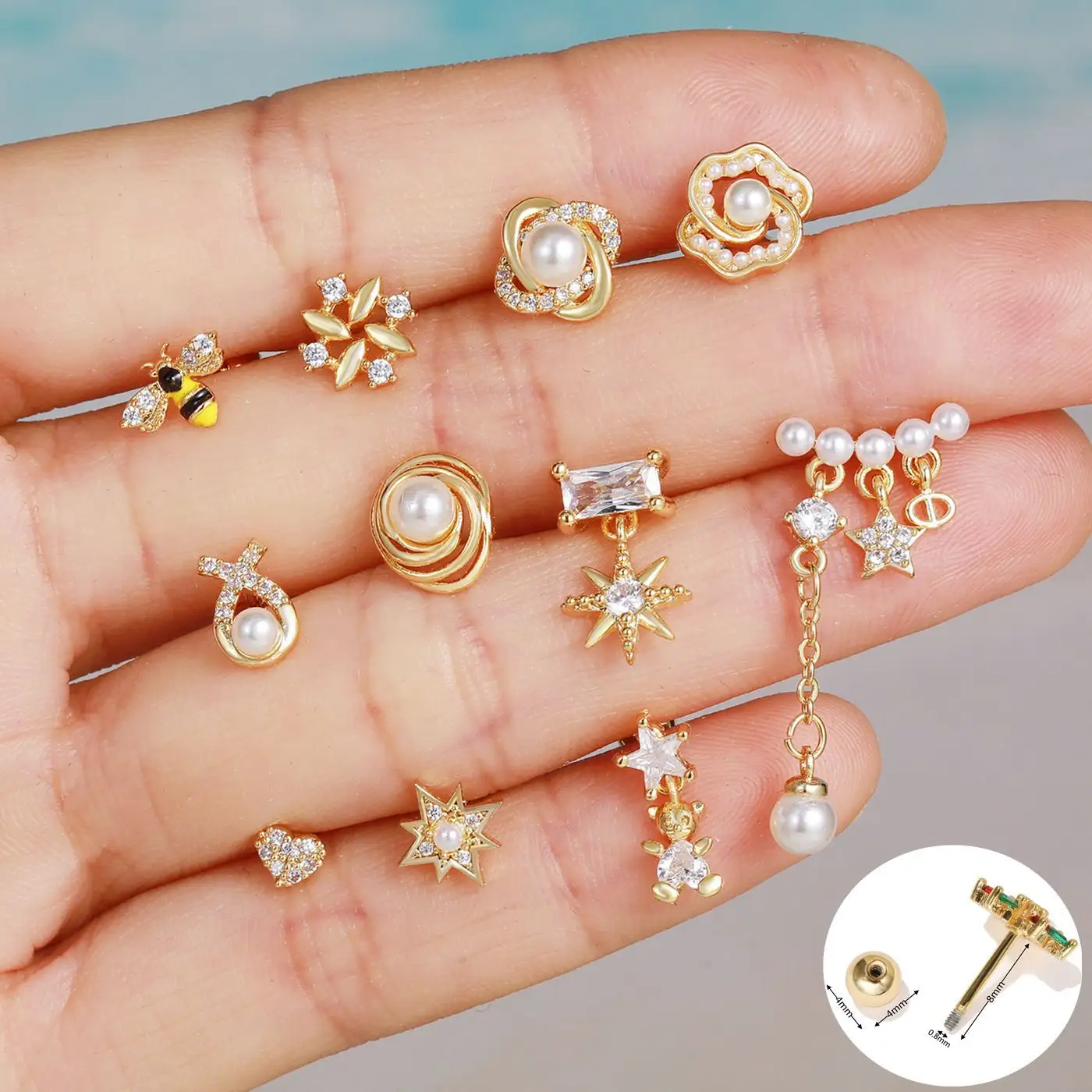 20g Stainless Steel Zircon Body Piercing Jewelry Star Flower Heart Bee Gold Ear Cartilage Earrings Girls Fashion Accessories