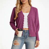Cardigan en maille ample à col en V et bord festonné pour femme, boutonné sur le devant, coupe courte, manches raglan, idéal pour l'automne et le quotidien, style décontracté, marque privée