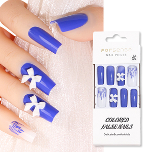 Vente en gros de faux ongles de luxe 3d faits à la main, fourniture de faux ongles longs et carrés avec nœuds, couleur bleu <span class=keywords><strong>royal</strong></span>, design flammé, pointes d'ongles - Product Image 4