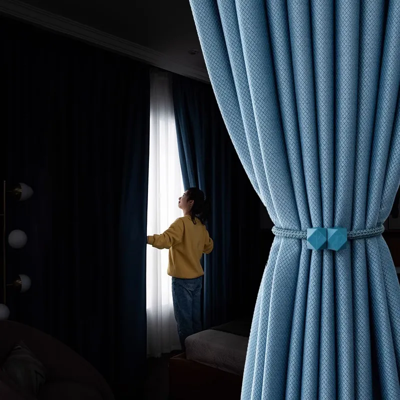 ホームリビングルーム用の青いトップグロメット断熱ブラックアウトウィンドウカーテン