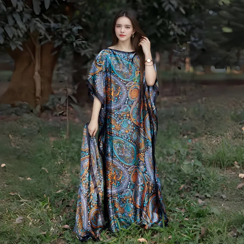 Middle East Islamic Muslim Party Dress Luxury Designer Silk Printed Kaftan Fashion Silk Dressing Gowns For Women Large Size Robe