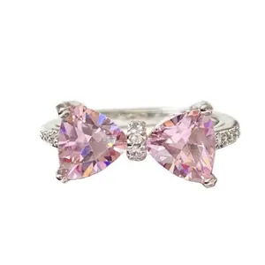 Temperament Sweet Pink Zircon Bow Rings for Women Girls Rhinestone Opening Adjustable Ring Valentine's Day Gifts Jewelry