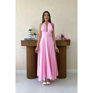 Vestido Rosa Halter con Corte en A, Tejido, Cintura Natural, Transpirable, para el Trabajo - Product Image 4