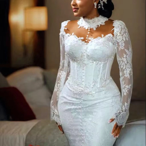 S0417L 2026 Nouvelle Mode <span class=keywords><strong>Robe</strong></span> <span class=keywords><strong>de</strong></span> <span class=keywords><strong>Mariée</strong></span> Sirène Sexy Blanche à Col Roulé avec Dentelle, Broderie Diamants et Perles - Product Image 2