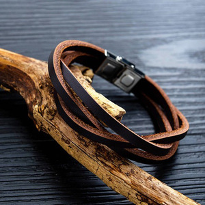 Versatile men's titanium steel <b>bracelet</b>, top-grain cowhide breathable wristband, Korean style fashionable trendy wristband - Product Image 3