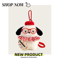 Porte-clés en peluche chiot blanc Kawaii, breloque de sac mignonne avec lunettes rouges, chapeau et volant pour décoration de sac à dos, cadeau