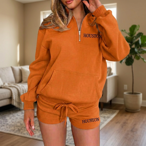 Ensemble court 2 pièces personnalisé pour femmes, en tissu doux en mélange de polyester/coton, style streetwear - Product Image 1
