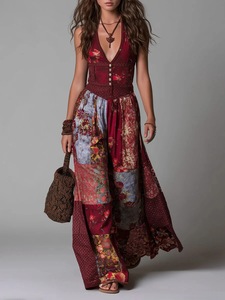 Street-Trend Bedrucktes Muster Kontrastfarben-Splicing Ärmelloses Tief Ausgeschnittenes Mid-<span class=keywords><strong>Rise</strong></span> Locker Sitzendes Unregelmäßiges Langes Kleid - Product Image 1